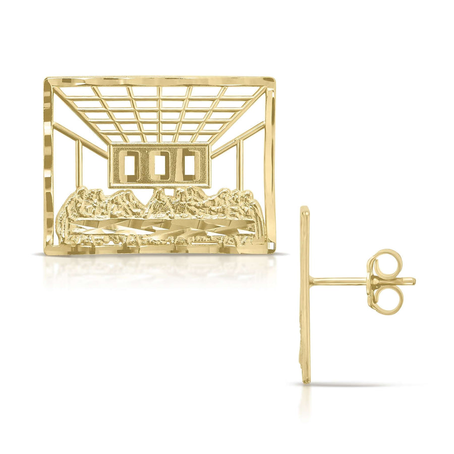 Front and side view of rectangular 10k gold Last Supper stud earrings.