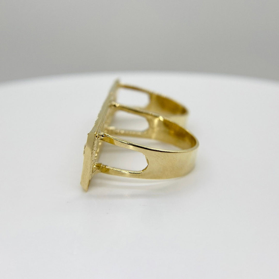 10k gold two finger ring with Last Supper design side view on a white background