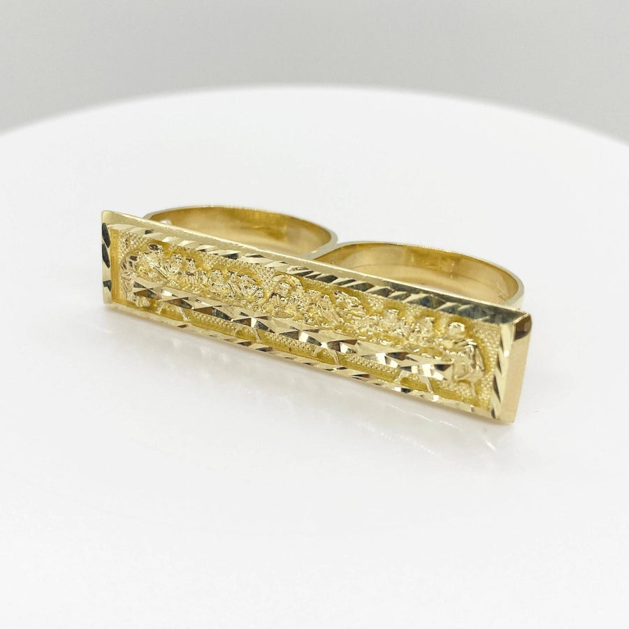 10k gold Two Finger Ring with Last Supper rectangular shape design on a white background