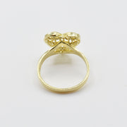 10k Gold ring with mesh heart design back view on a light gray background