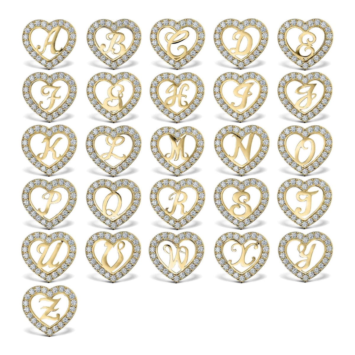 Collection of 10k gold cursive initial heart stud earrings featuring all letters from A-Z.