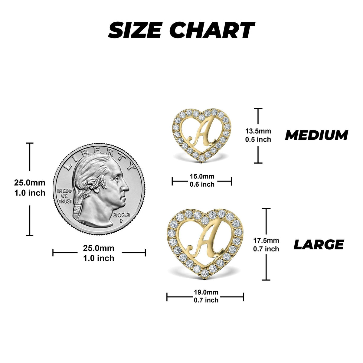 Size chart for 10k gold initial heart earrings comparing Medium and Large sizes with quarter.