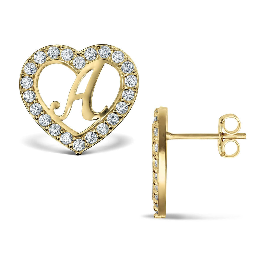 Front and side view of 10k gold cursive initial heart earrings with cubic zirconia.