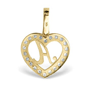 Yellow gold heart-shaped pendant with crystal border and cursive letter 'A'.