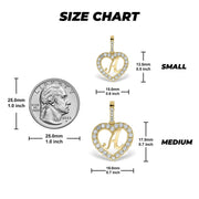 Size chart graphic displaying small and medium heart pendants with a US quarter for scale.