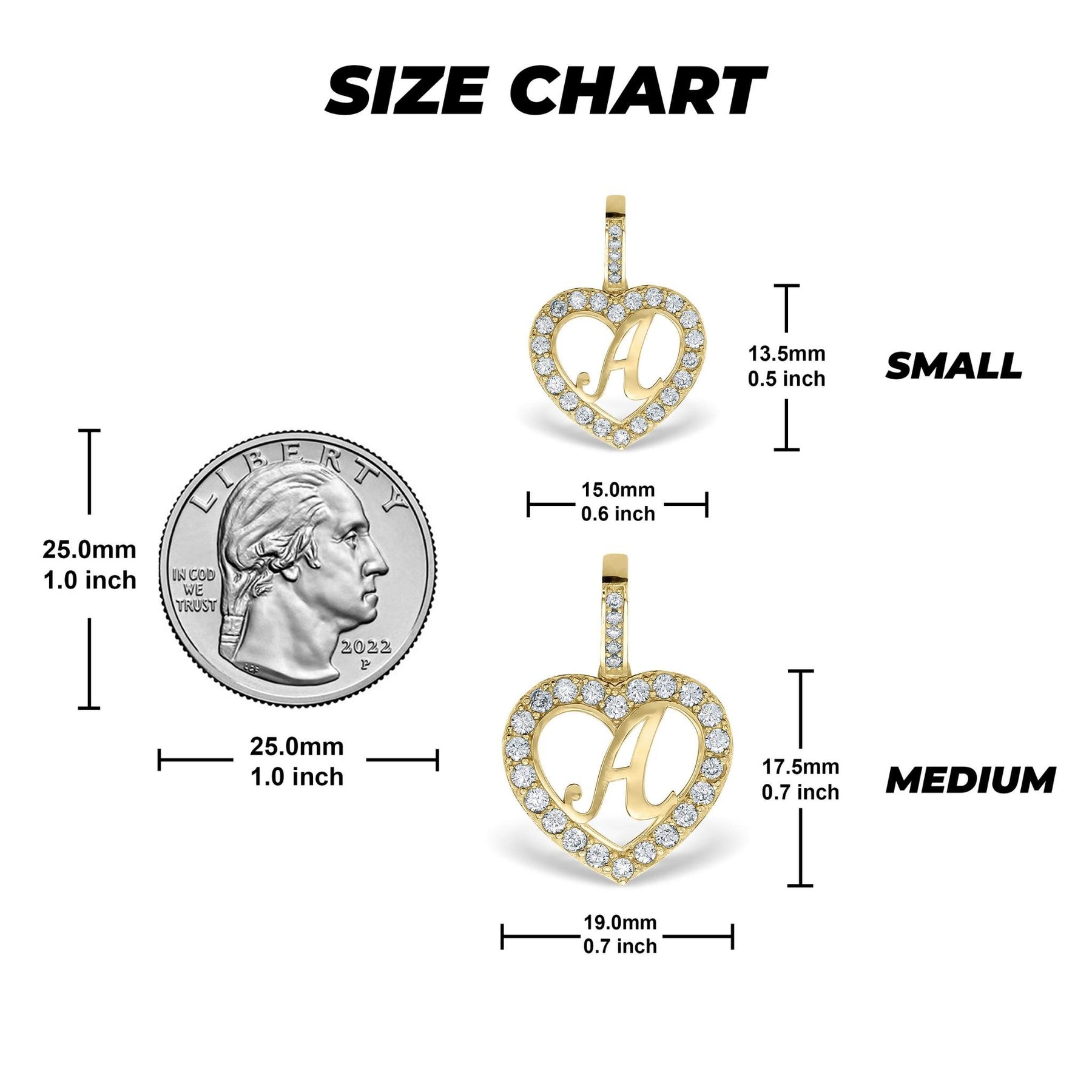 Size chart graphic displaying small and medium heart pendants with a US quarter for scale.