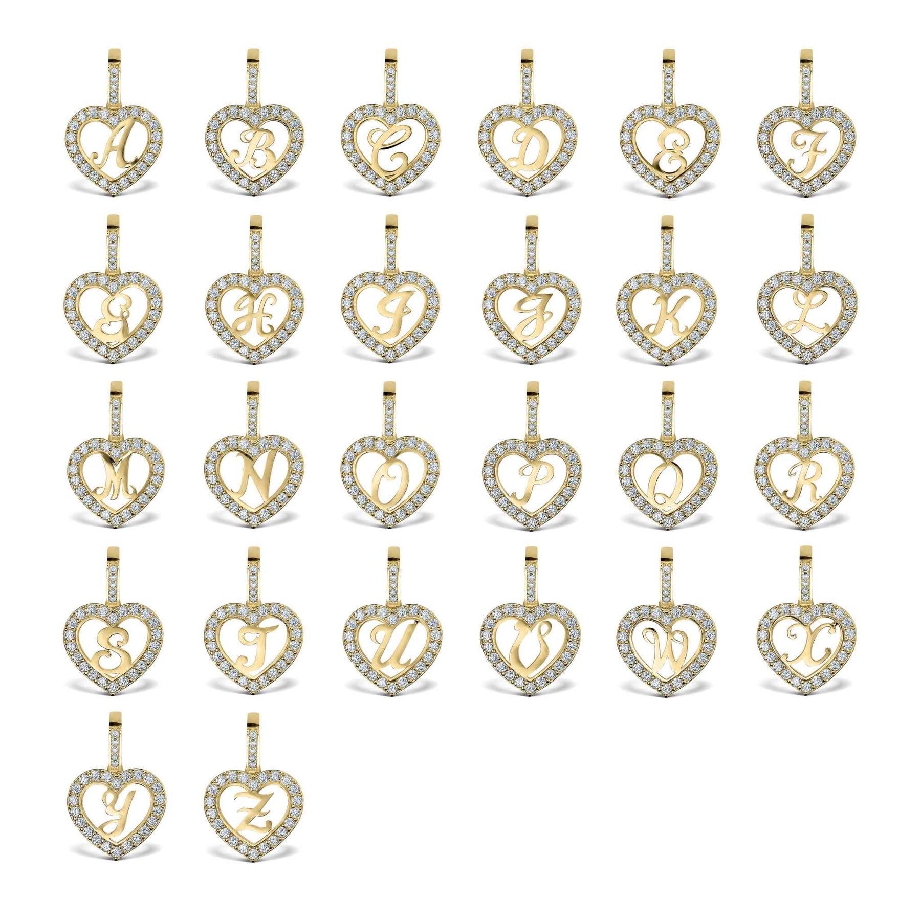 Collection of gold heart pendants displaying various crystal-accented cursive initials from A to Z.