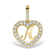 Yellow gold heart pendant featuring a pavé crystal border and cursive letter 'A'.