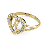 Profile view of a gold cursive letter A heart ring with cubic zirconia crystals.