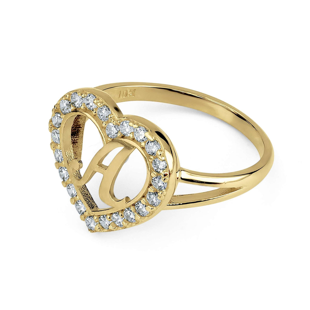Profile view of a gold cursive letter A heart ring with cubic zirconia crystals.