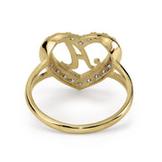 Back view of 10k Gold Lily Cursive Initial Heart CZ Ring showing the inner band and letter A layout.