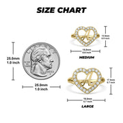 Gold initial heart ring size guide showing medium and large millimeter height measurements.