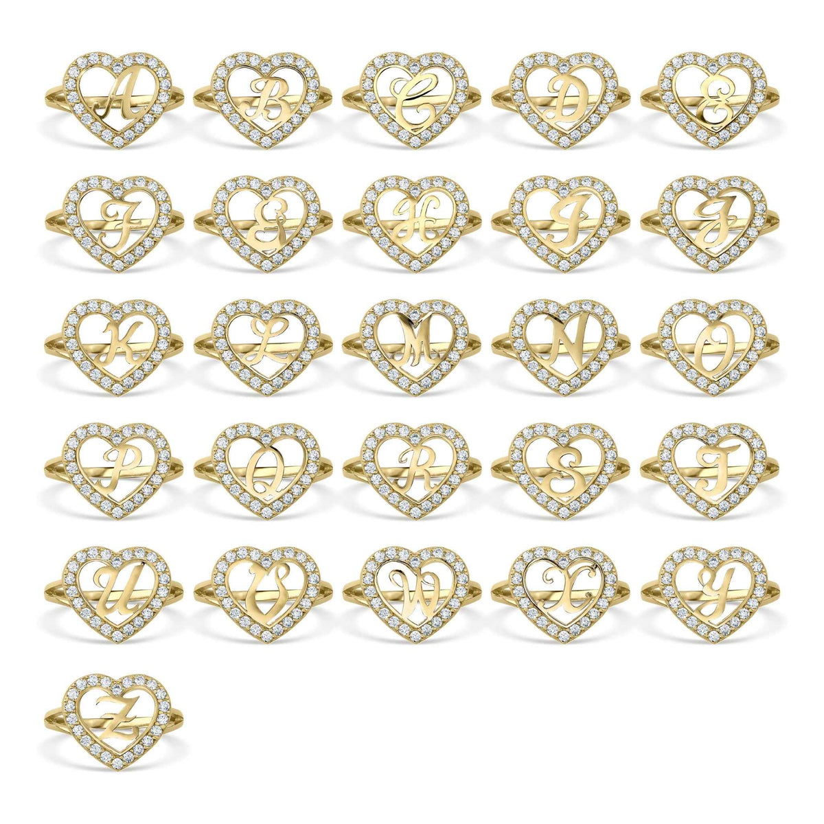 Grid display of the 10k Gold Lily Cursive Initial Heart CZ Ring showing letters A through Z.