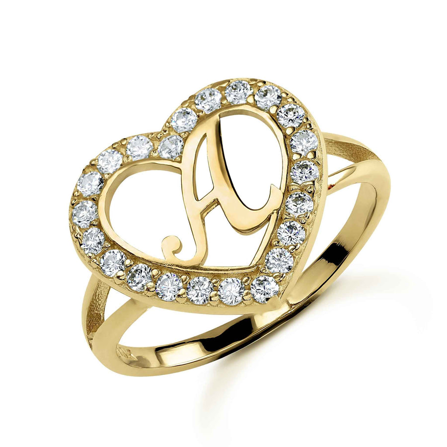 Front view of 10k Gold Lily Cursive Initial Heart CZ Ring featuring a cursive letter A.