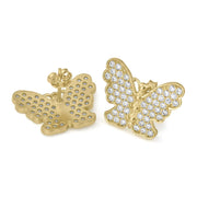 Close-up of 10k yellow gold butterfly stud earrings with sparkling cubic zirconia stones.