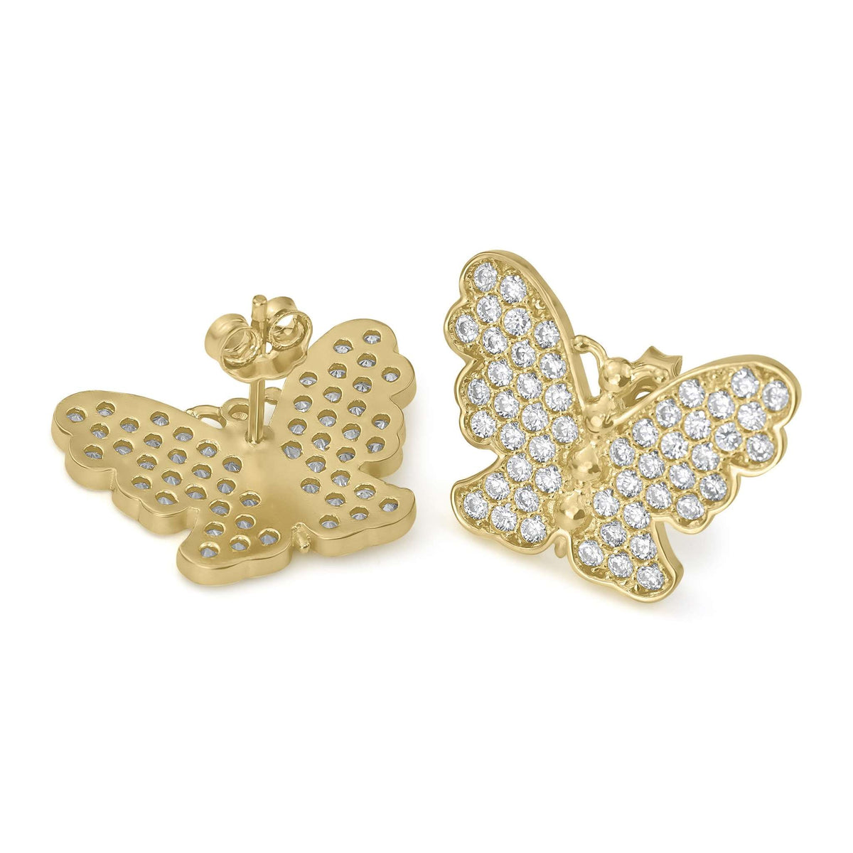 Close-up of 10k yellow gold butterfly stud earrings with sparkling cubic zirconia stones.