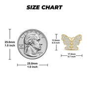 Scale reference showing the dimensions of the 10k gold butterfly earrings against a US quarter coin.