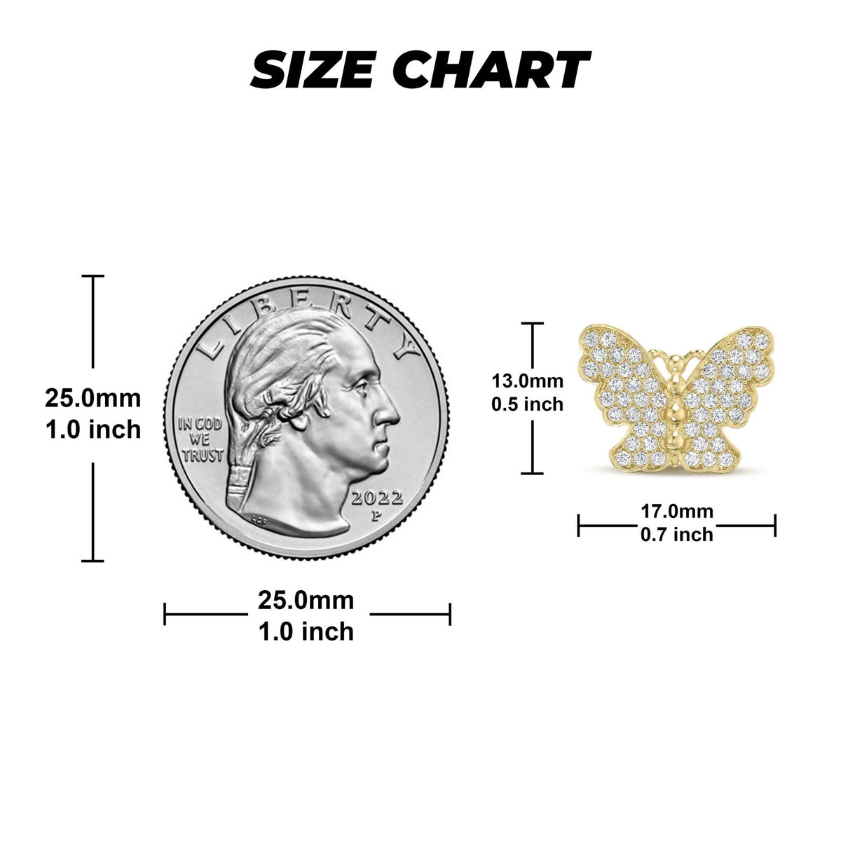 Scale reference showing the dimensions of the 10k gold butterfly earrings against a US quarter coin.