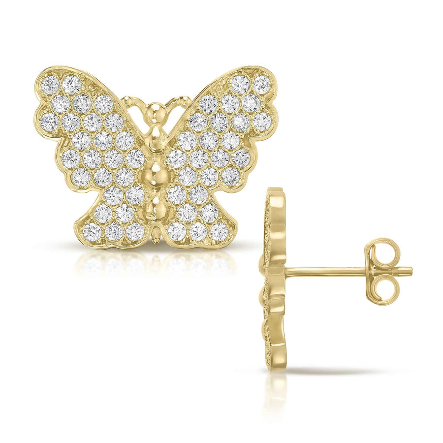 10k gold butterfly stud earrings with cubic zirconia and secure push-back closures.