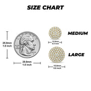 Size chart displaying two gold iced round CZ stud earring sizes with a coin.