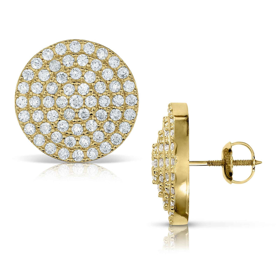 Front and side views of 10k gold iced round CZ stud earrings.