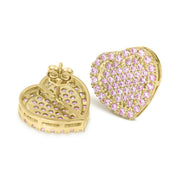 10k yellow gold heart stud earrings with pavé pink cubic zirconia, front and back.