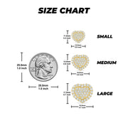 Size chart for Lora heart earrings comparing Small, Medium, and Large sizes against a coin.
