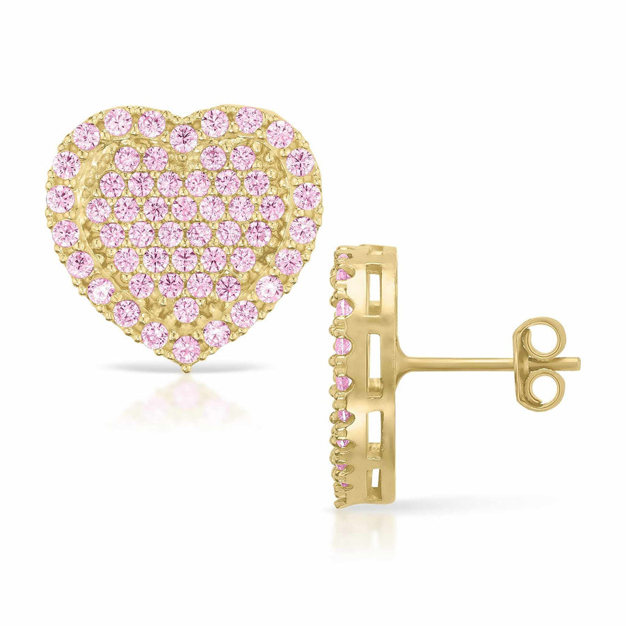 Pair of 10k gold pink heart earrings, one front-facing and one side profile.