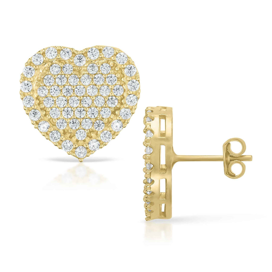 Pair of 10k yellow gold heart stud earrings featuring clear pavé cubic zirconia.
