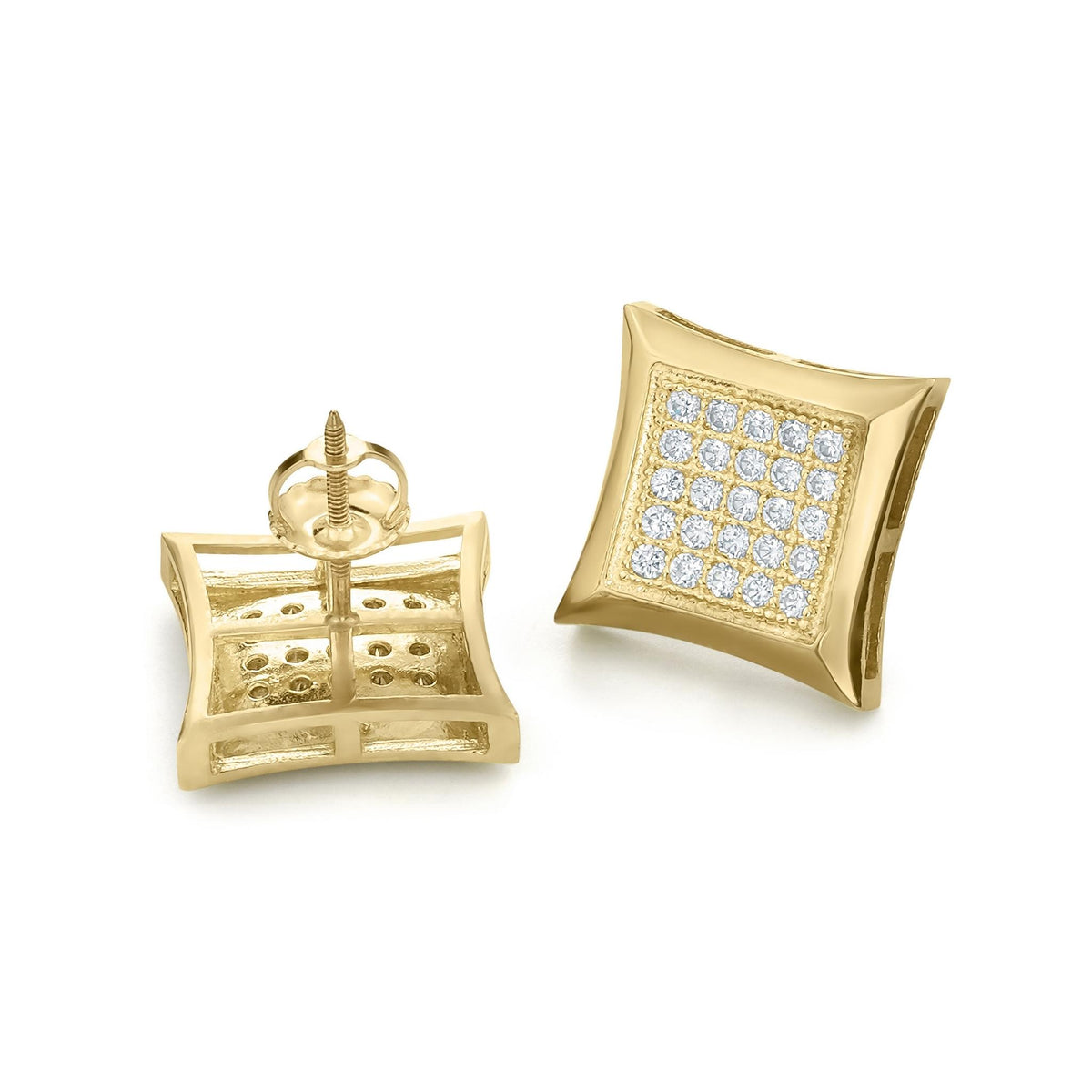 Detailed back and front view of 10k gold Lore square cubic zirconia stud earrings.