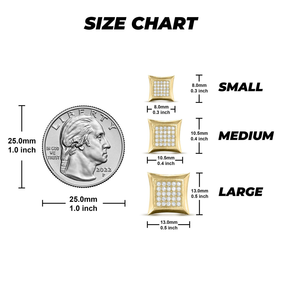 Size chart displaying three gold square cubic zirconia earring sizes with a quarter.