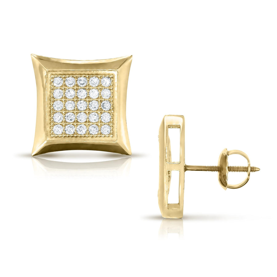 Front and side profile of 10k gold Lore square cubic zirconia stud earrings.