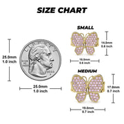 Product size guide showing measurements for small and medium pink crystal butterfly rings