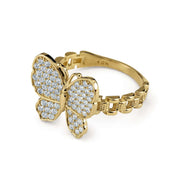 Yellow gold Rolex-style watch band ring featuring a detailed crystal-encrusted butterfly head.