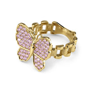 10k gold luxe butterfly rollie band ring with round pink cubic zirconia stones.