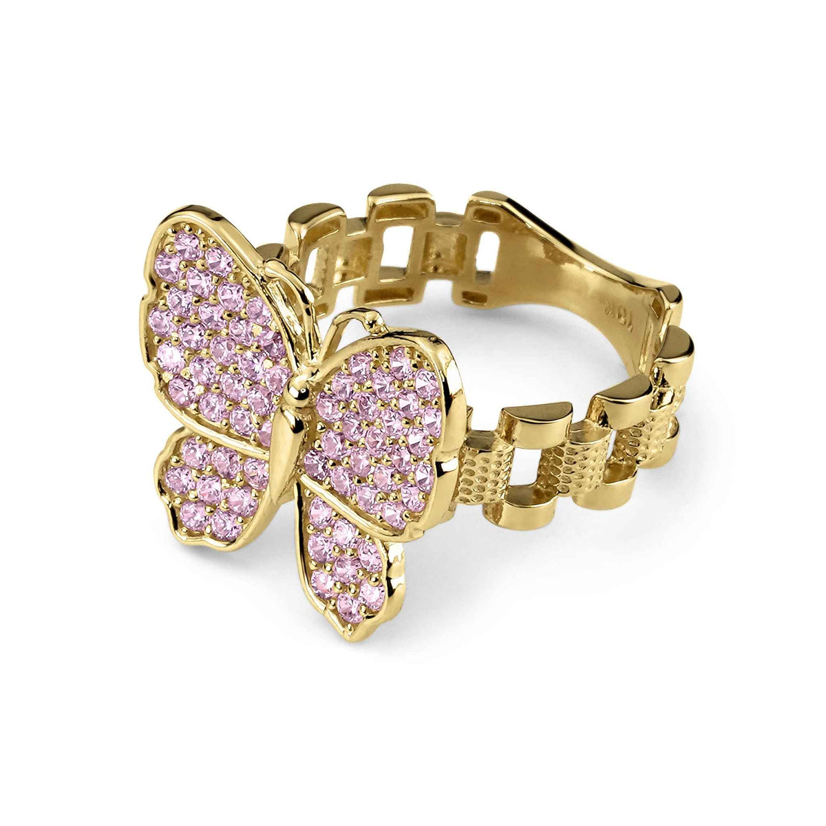 10k gold luxe butterfly rollie band ring with round pink cubic zirconia stones.