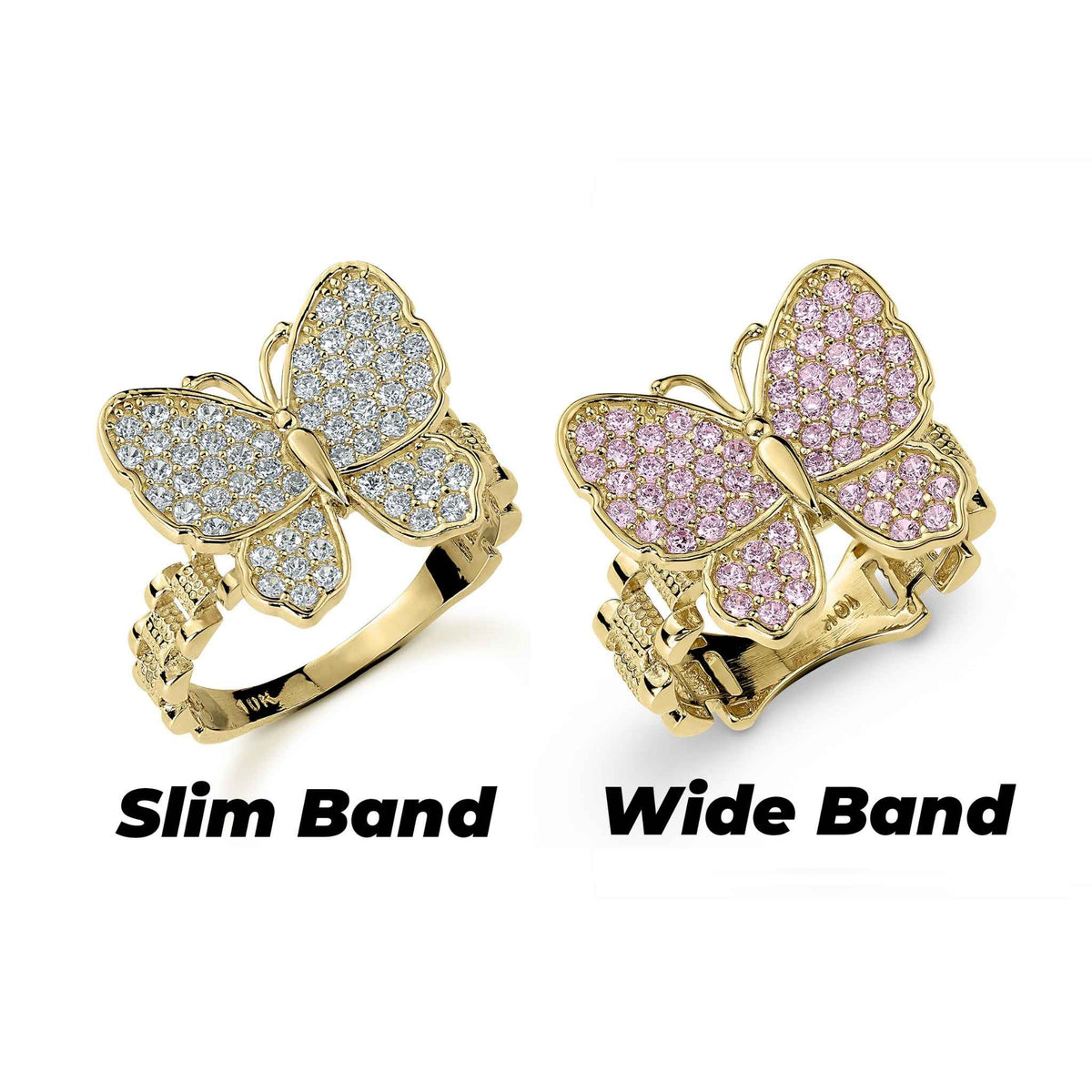 Comparison guide displaying a slim band and a wide band gold butterfly ring side-by-side.