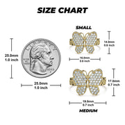 Size chart comparing small and medium 10k gold butterfly rollie rings to a quarter.