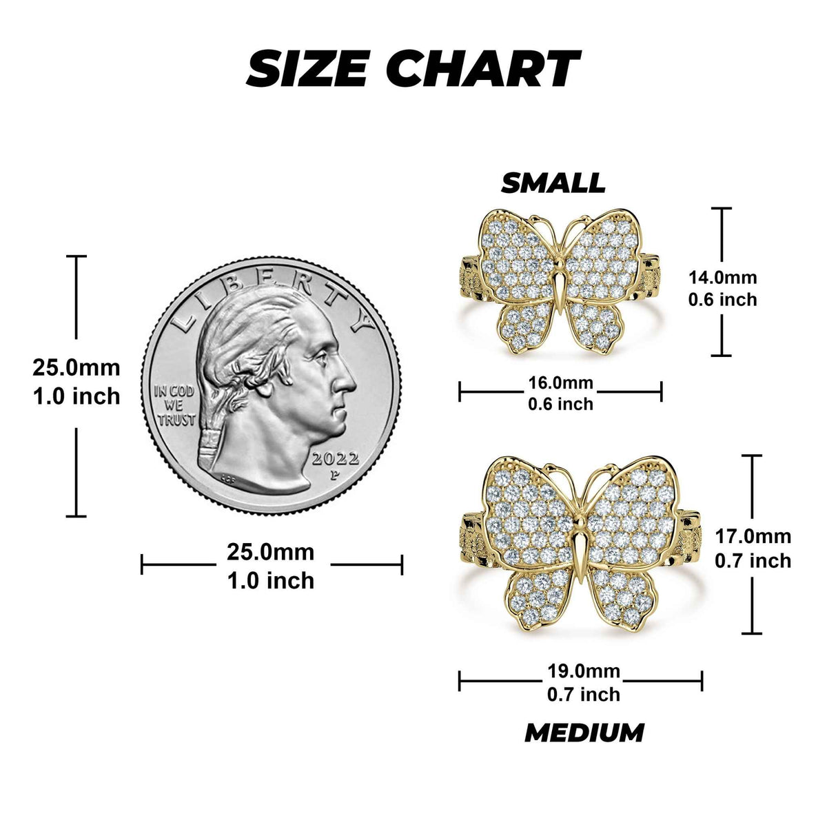 Size chart comparing small and medium 10k gold butterfly rollie rings to a quarter.
