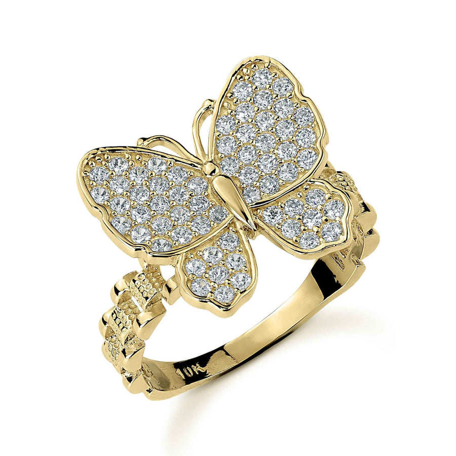 10k gold luxe butterfly rollie band ring with white cubic zirconia stones.
