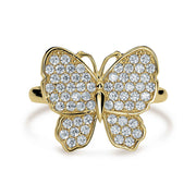 Top-down view of 10k gold luxe butterfly ring with white cubic zirconia stones.