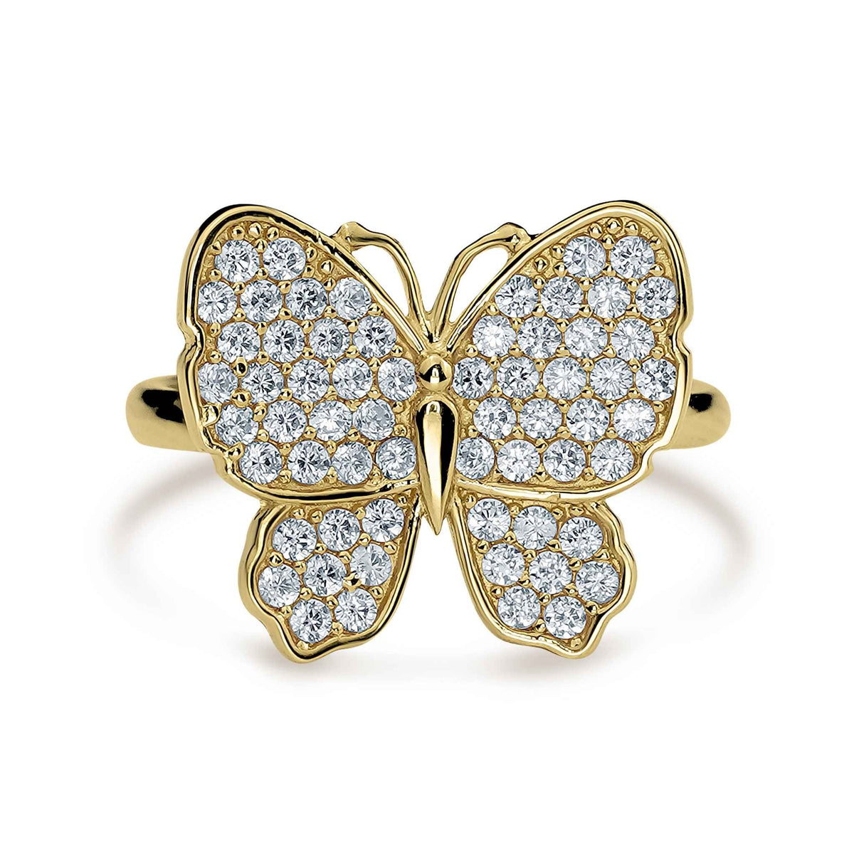 Top-down view of 10k gold luxe butterfly ring with white cubic zirconia stones.