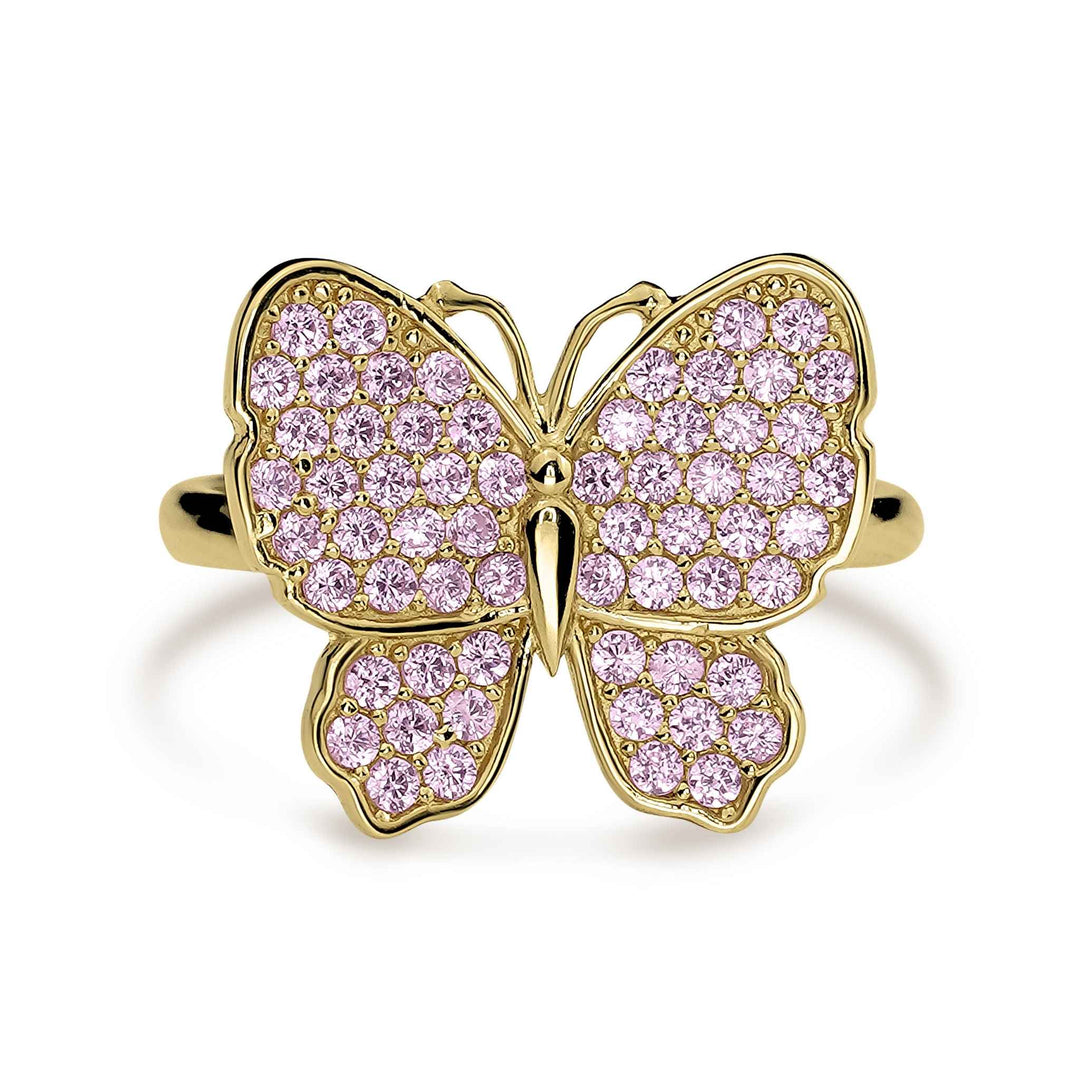 Top-down view of 10k gold luxe butterfly ring with pink cubic zirconia stones.