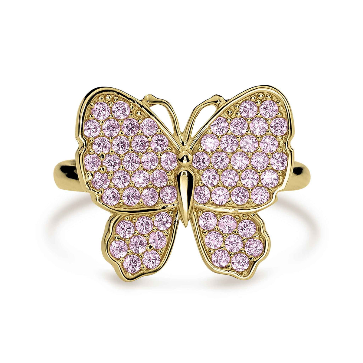 Top-down view of 10k gold luxe butterfly ring with pink cubic zirconia stones.