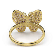 Underside view of a 10k gold luxe butterfly classic ring with pink CZ stones.