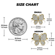 Size chart comparing small and medium 10k gold butterfly rings to a quarter.