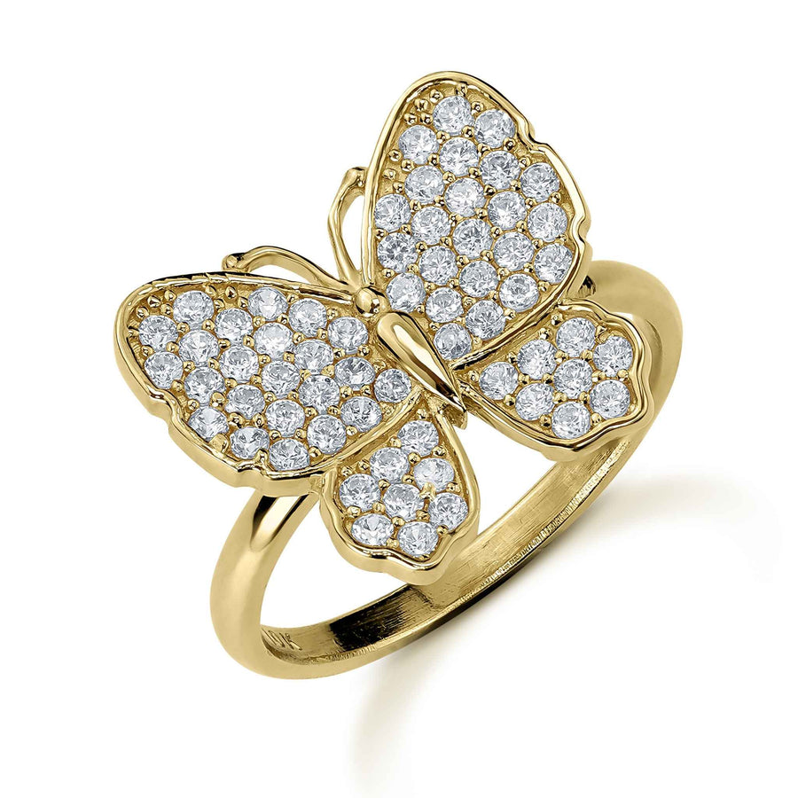 10k yellow gold luxe butterfly classic band ring with white cubic zirconia stones.
