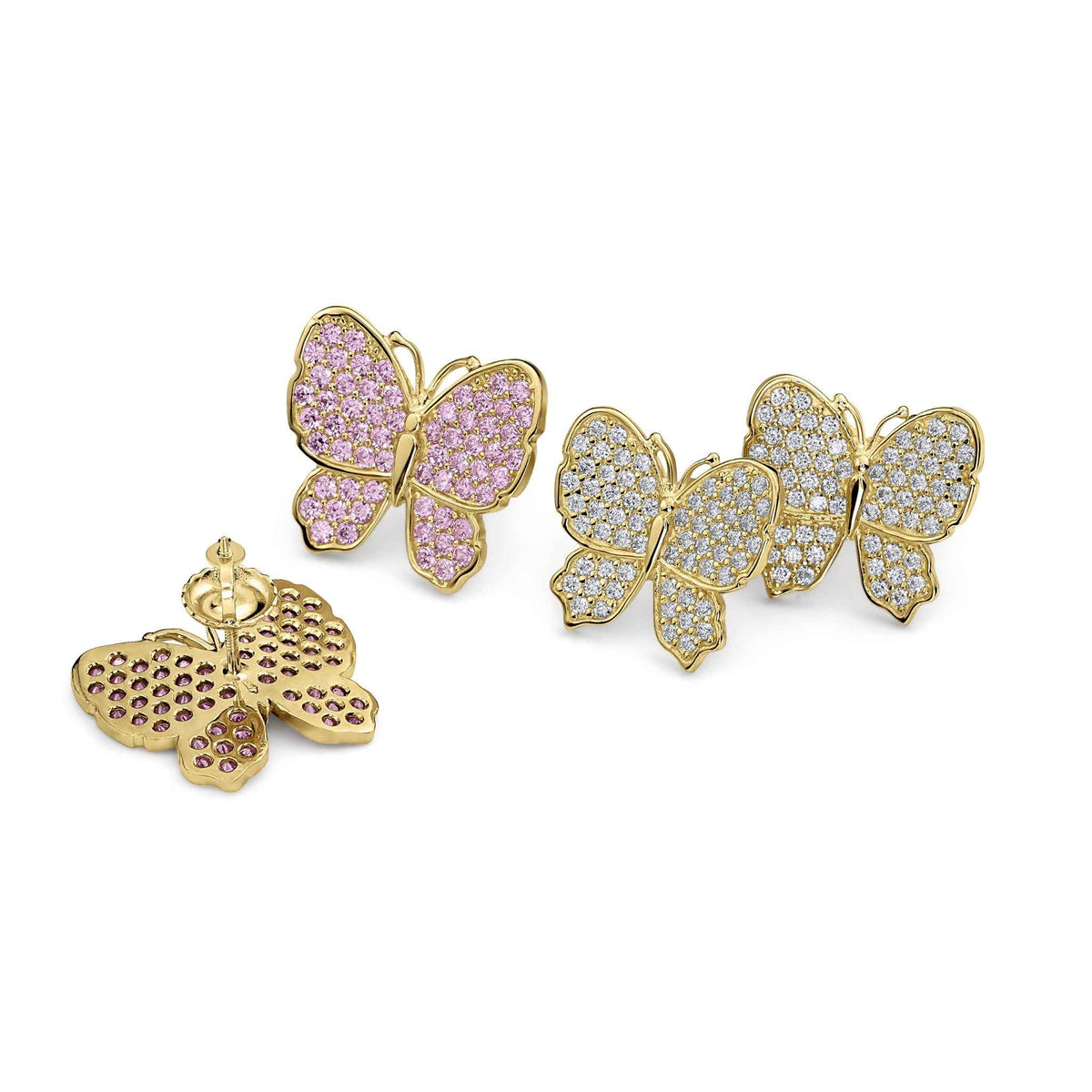 Group of 10k gold butterfly earrings featuring pink and white pavé cubic zirconia stones.