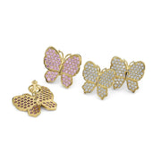 A group of 10k gold butterfly stud earrings featuring both pink and white cubic zirconia stone pavé settings.