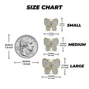 Size guide for 10k gold butterfly stud earrings, comparing Small, Medium, and Large sizes against a US quarter for scale.